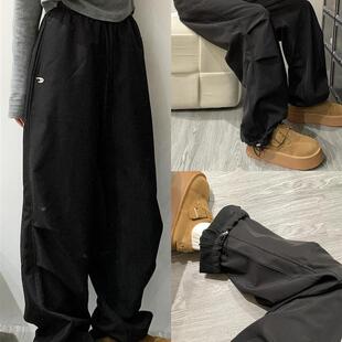 黑色加绒工装裤女秋冬季2025新款高腰宽松阔腿加厚美式刺绣运动裤