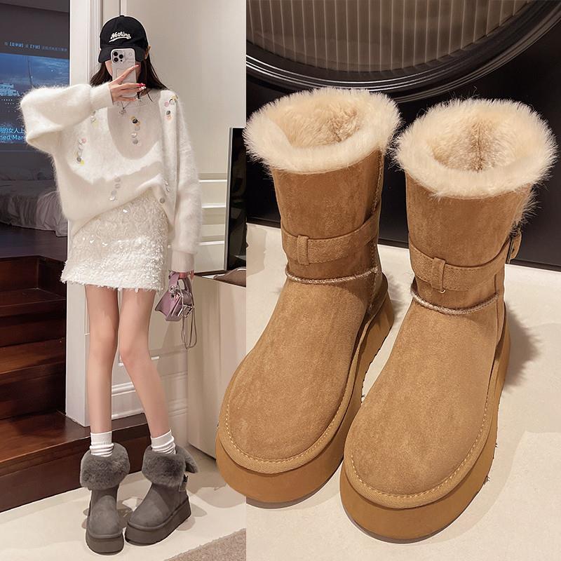 皮毛一体厚底加绒加厚中筒雪地靴女2025新款冬季保暖东北大棉鞋子