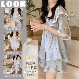 可爱外穿碎花家居服公主风 带胸垫睡衣女夏季 短袖 短裤 薄2025年新款