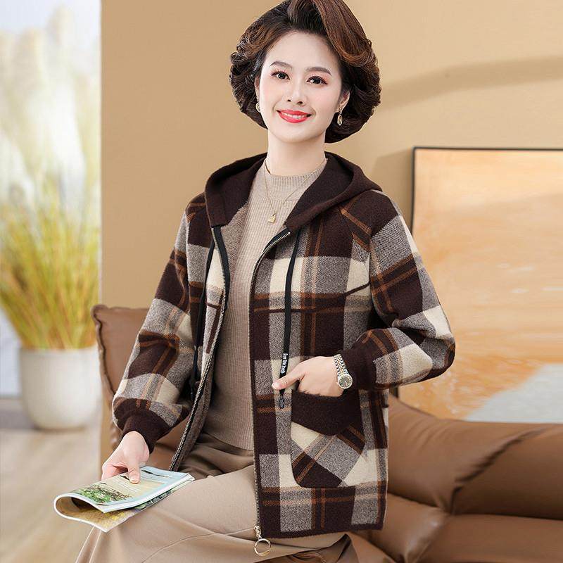 妈妈秋装毛呢外套连帽50岁中老年女士秋冬装妮子洋气格子夹克开衫,女装/女士精品,中老年女装,淘宝优惠券,粉丝福利购,淘宝优惠卷