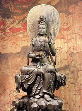 金丝楠木手工根雕自在观音摆件