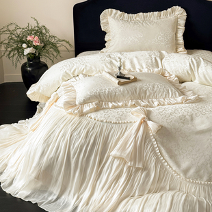 法式 床盖床裙蕾丝边纯棉提花被套 浪漫全棉贡缎长绒棉四件套床单式