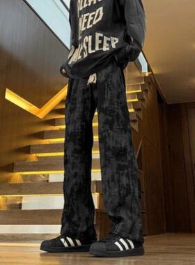 ZELIA 黑色灯芯绒裤子男春秋季扎染设计感小众阔腿裤美式复古运动