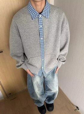 ZELIA 美式重磅灰色空气层棒球服外套男春季简约宽松百搭开衫夹克