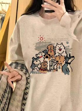 ZELIA 圆领白灰色卫衣女士秋冬加绒加厚美式复古重磅慵懒风无帽上