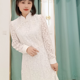 朵以唯美国风蕾丝旗袍淑女时尚长袖气质连衣裙，36DC826078包邮