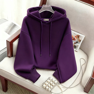 休闲带帽卫衣女加绒外套短款 韩版 春秋冬薄款 紫色连帽上衣2025新款