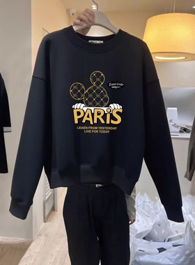 2025新款春秋冬季薄款黑色上衣米奇卡通宽松版圆领套头卫衣女加绒