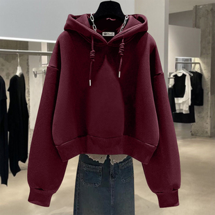 春秋ins潮外套上衣 加绒薄款 甜辣安哥拉红卫衣2025新款 连帽短款