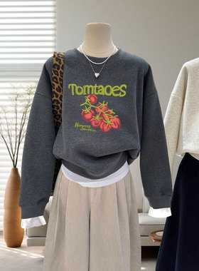 高级感灰色圆领假两件卫衣女2025秋冬季爆款图案宽松加绒加厚上衣