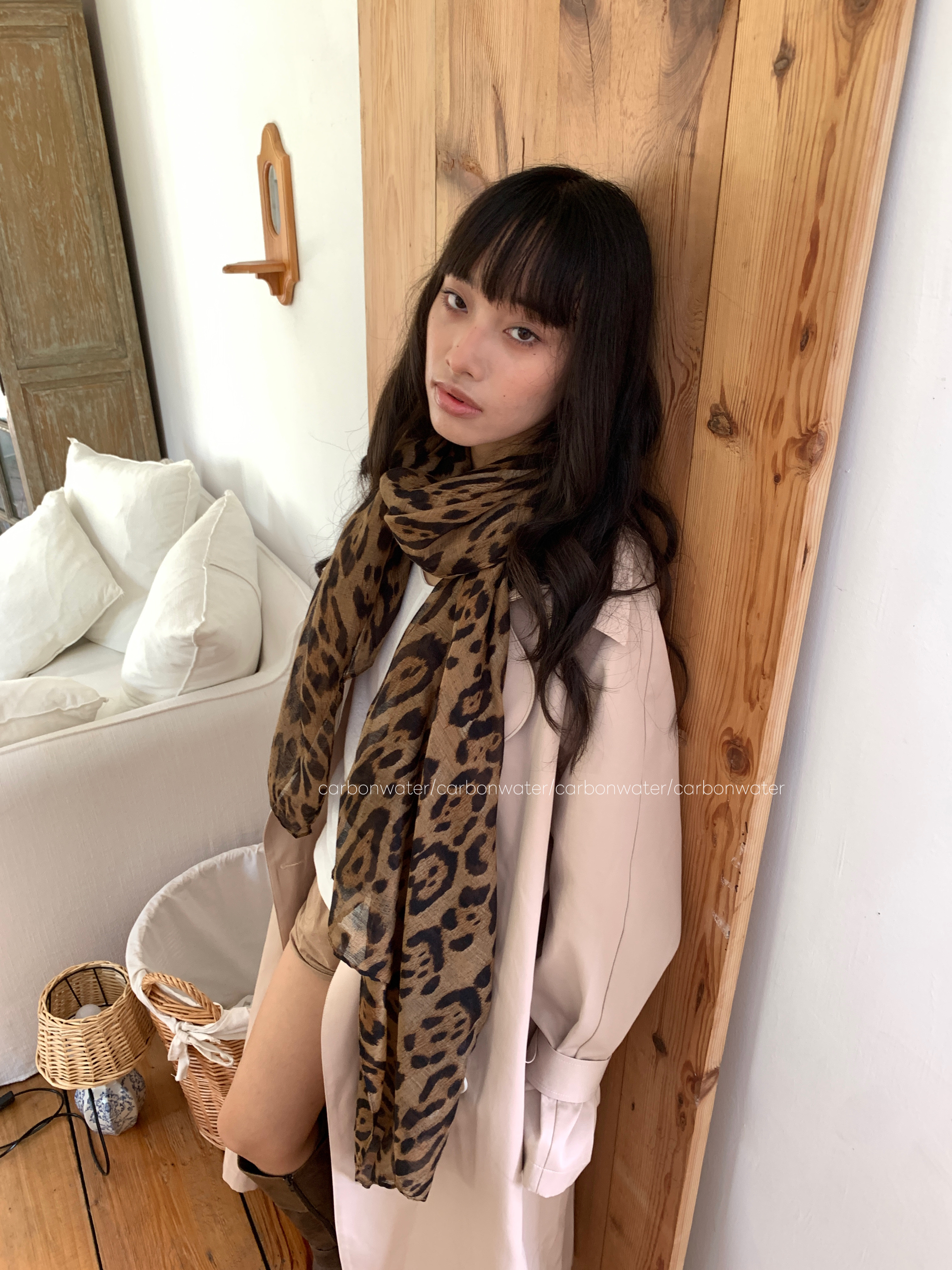 Carbon Water棕色豹纹围巾秋冬季高级感纱巾复古百搭薄款披肩丝巾