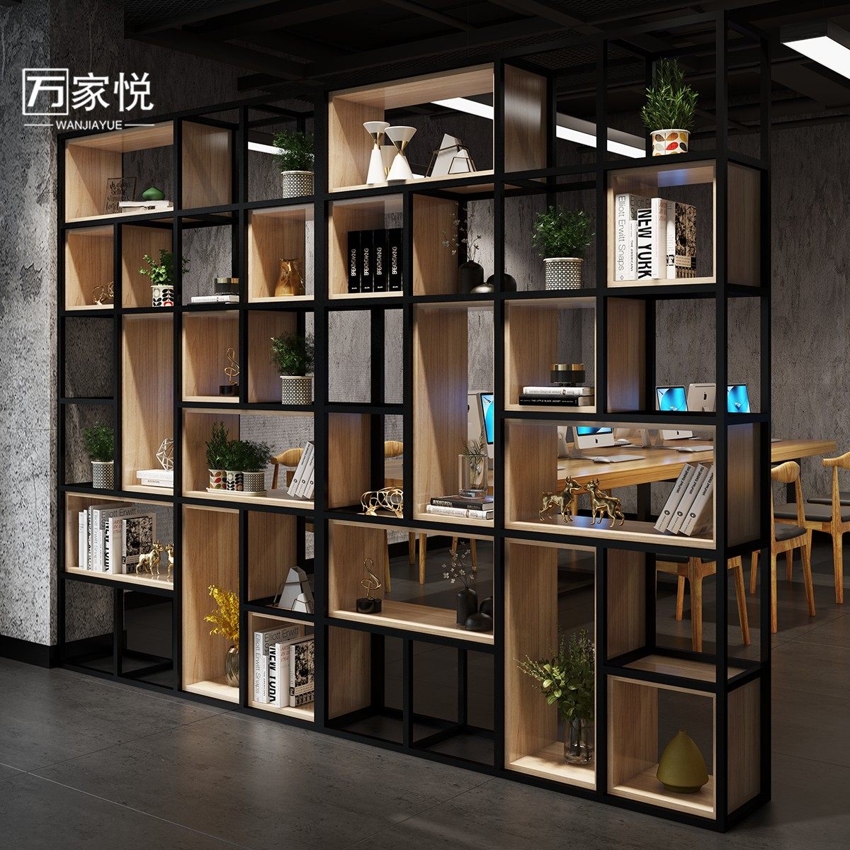 工业风办公室隔断置物架铁艺loft创意装饰隔断柜镂空储物书柜落地
