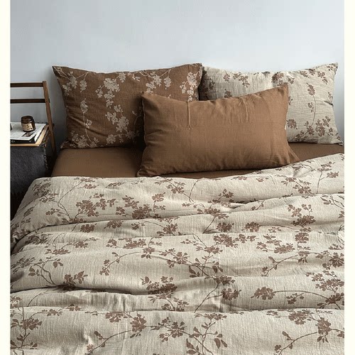 素尺新中式复古风双层皱皱纱花卉提花美拉德100全棉A类撞色四件套