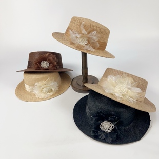 春夏新款 潮流花朵珍珠平顶草帽海边遮阳防晒礼帽百搭 草编帽子女式