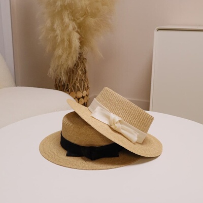 夏季宽檐平顶法式网红礼帽蝴蝶结拉菲草帽太阳帽气质百搭防晒帽子