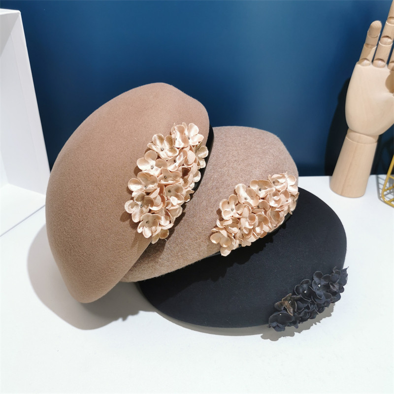 法式复古立体花朵羊毛赫本蓓蕾帽