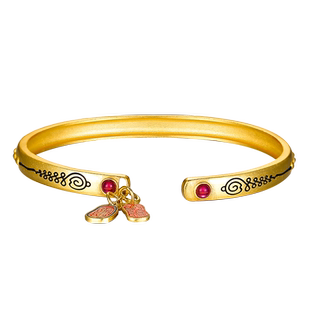 九乐S925银手镯女纯银国潮风镀金可拆卸纳福小圆牌开口吉言银手镯