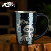 九乐足银999银杯子家用熊猫锤纹茶杯马克杯咖啡杯茶缸杯茶具送礼
