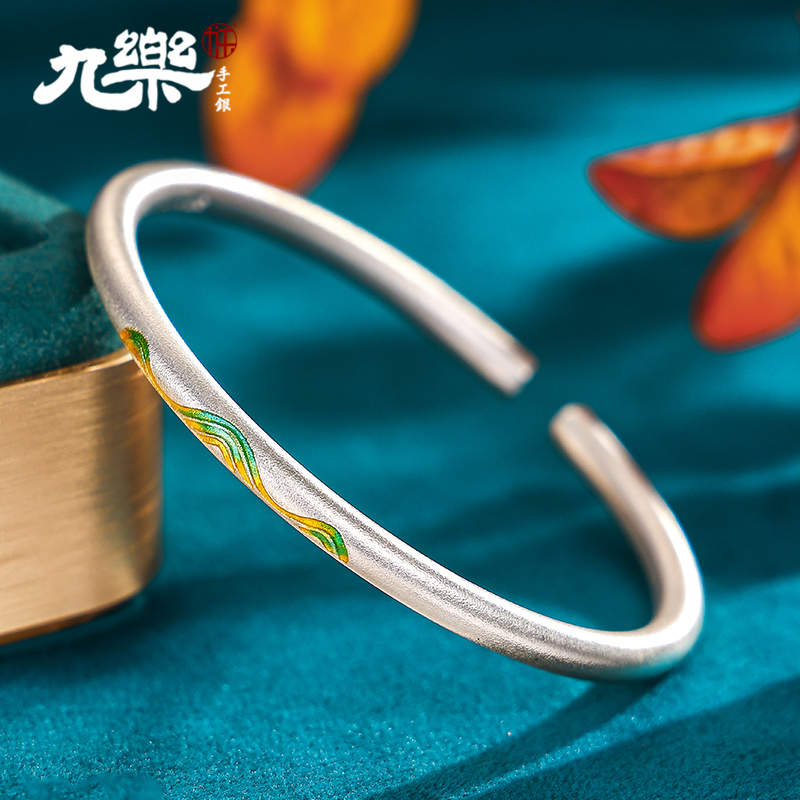 足银999低温烧蓝山盟海誓手镯