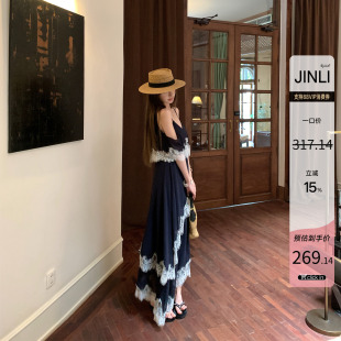 JINLI锦里'贵感松弛'温柔仙气蕾丝吊带裙女夏法式气质花边连衣裙