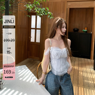 JINLI锦里'尼斯美术馆'重工木耳花边上衣夏纯欲辣妹真丝吊带背心