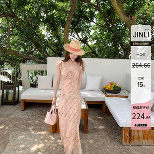 JINLI锦里'出游王炸款'夏季收腰显瘦度假长裙法式V领碎花连衣裙女