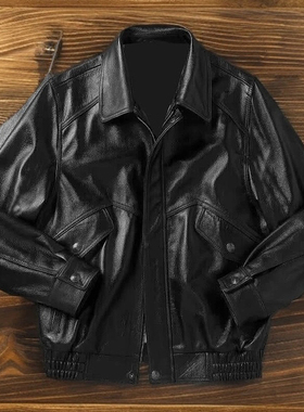 廓版港风复古真皮皮衣头层牛皮经典翻领宽松纯皮夹克男女同款