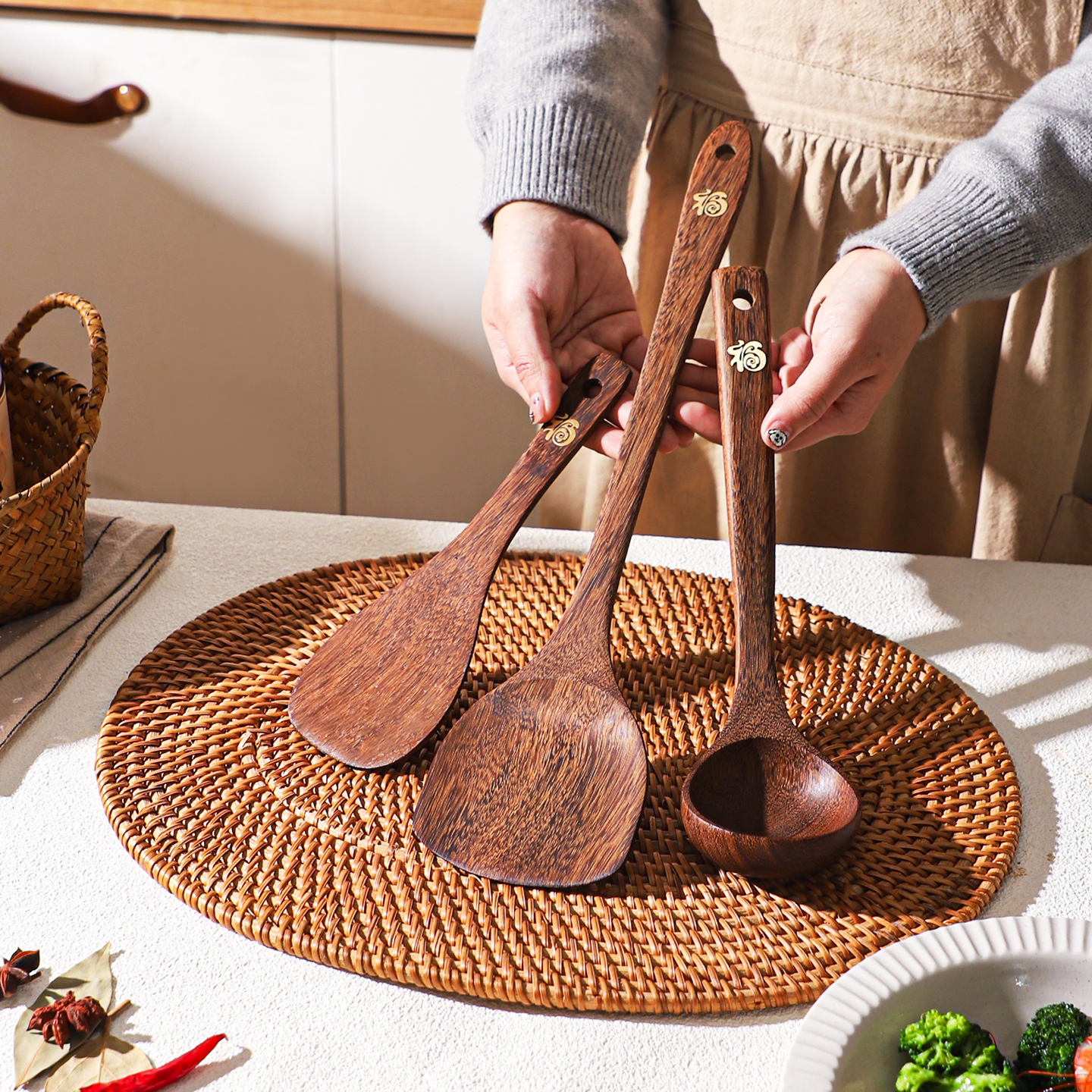 舍里鸡翅木厨具组合中式锅铲套装