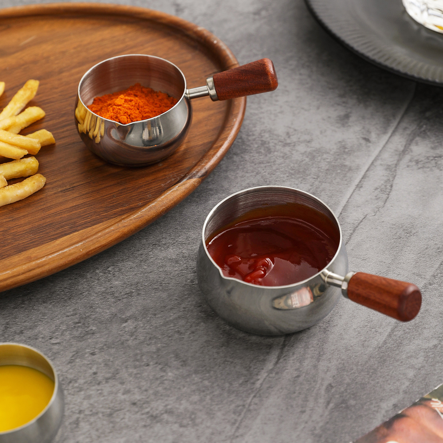 舍里 304不锈钢酱料杯木柄酱汁盅西餐牛扒调料杯薯条炸鸡蘸酱碟子