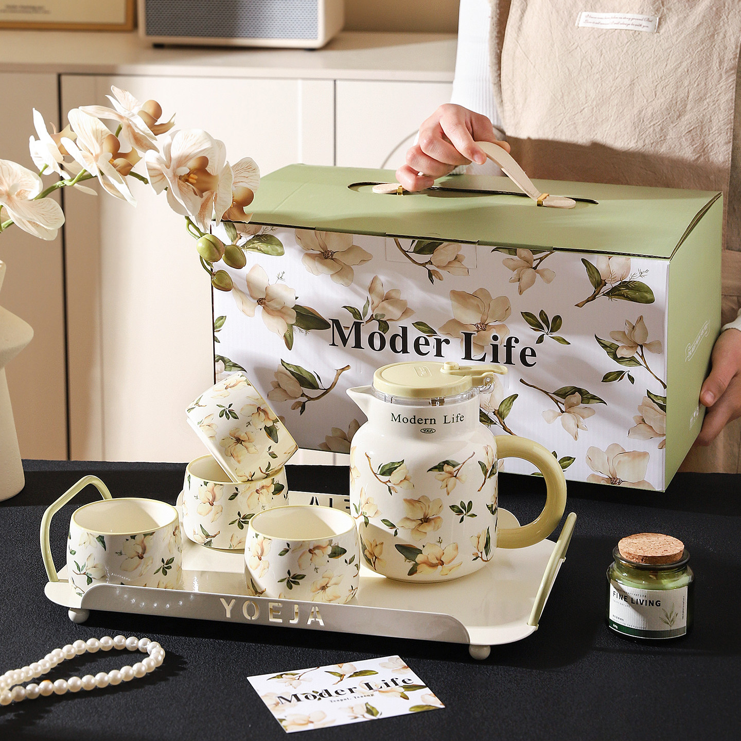 舍里山茶花水具套装高颜值陶瓷茶具礼盒待客茶杯茶壶乔迁新居礼物,餐饮具,水具套装,淘宝优惠券,粉丝福利购,淘宝优惠卷