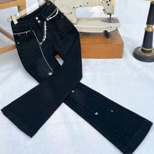 黑色满天星烫钻微喇牛仔裤女2026年春秋潮流带钻弹力提臀喇叭裤子