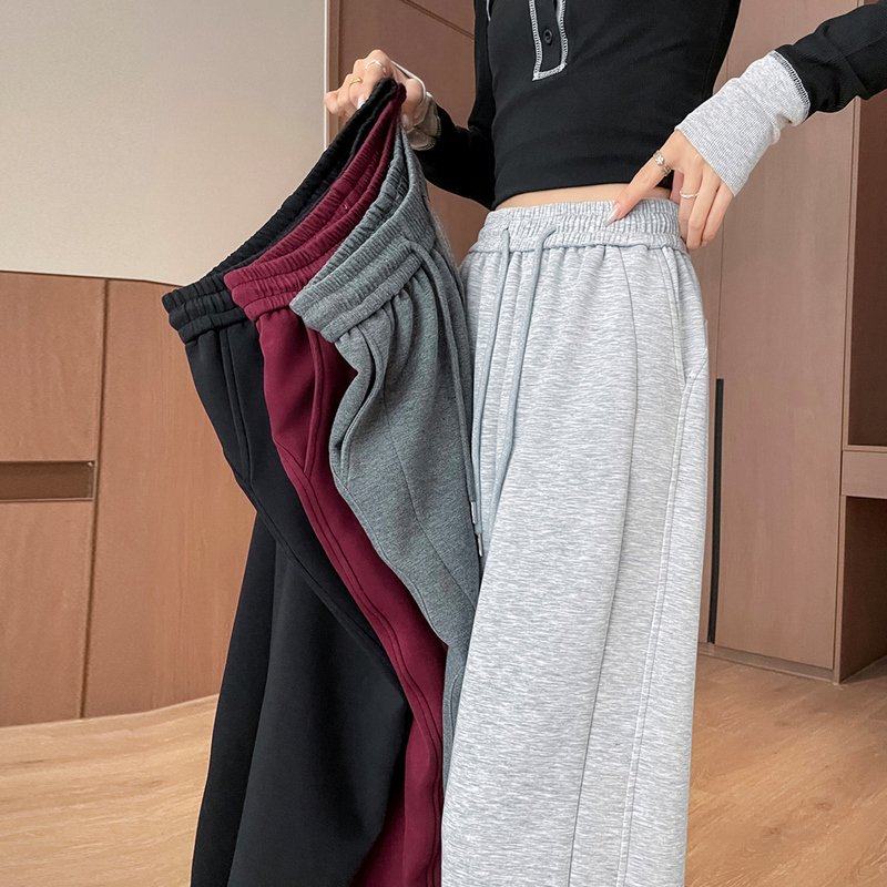 浅灰色窄版运动裤女秋冬季2025年新款高腰加绒卫裤休闲直筒阔腿裤