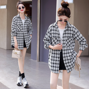 加厚黑白格子衬衫外套女2026春秋新款韩版宽松设计感小众衬衣上衣