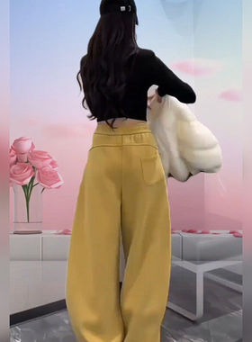 黄色加绒运动卫裤子女春秋2026新款今年流行爆款休闲棉阔腿弯刀裤