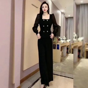 两件套 高端时尚 气质百搭套装 女2025早秋新款 方口领上衣搭配阔腿裤