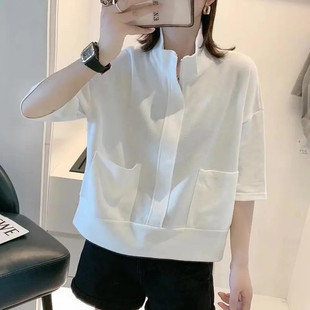 夏季 純棉短袖 t恤女寬松短款 半拉鏈上衣2025新款 百搭氣質洋氣減齡