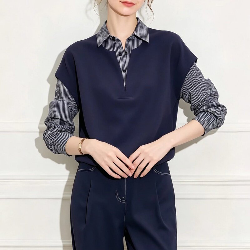 高级感拼接叠穿藏青色翻领假两件衬衫女秋季超好看polo领长袖上衣