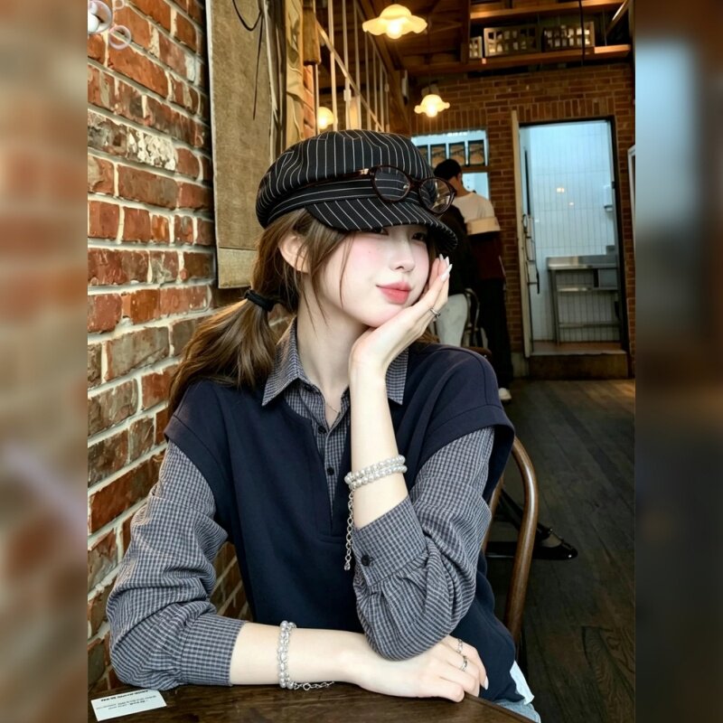 藏青色假两件条纹拼接长袖衬衫女士秋季新款复古宽松显瘦衬衣上衣