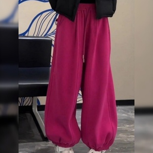 胖mm宽松显瘦束脚裤 大码 子 女2025年秋冬新款 玫红色加绒加厚灯笼裤