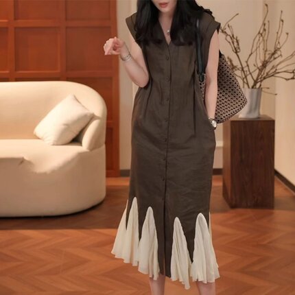 法式复古慵懒风松弛感拼接连衣裙女夏季2025新款独特绝美休闲长裙
