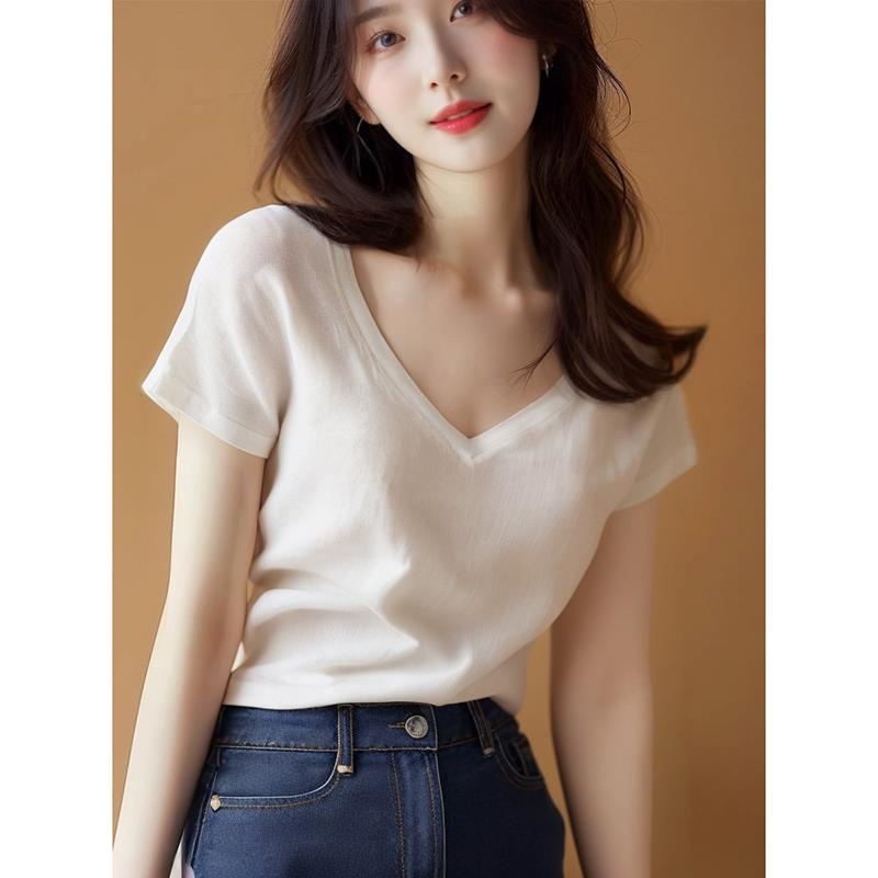 法式气质女装白色v领正肩t恤