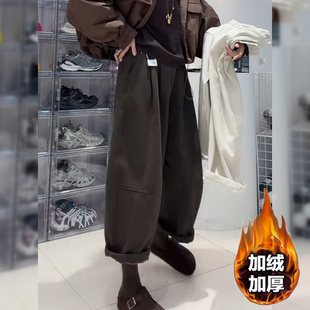 子 宽松梨型身材显瘦松紧高腰九分老爹裤 加绒加厚弯刀牛仔裤 女大码