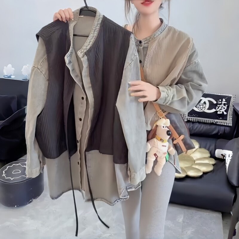 大码女2026年春秋新款百搭休闲显瘦牛仔外套宽松马甲上衣两件套潮