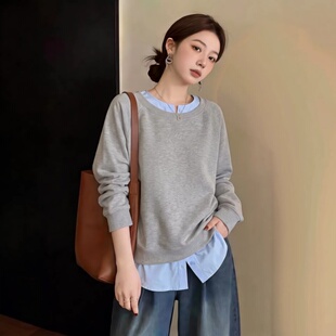 高级感撞色拼接假两件套头卫衣女士秋季款时尚百搭休闲长袖上衣女