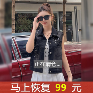 外贸意大利原单出口剪标黑色牛仔马甲女短款宽松坎肩外穿马夹外套