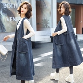 大码 宽松长款 牛仔无袖 蓝色马甲连衣裙2025春秋新款 大口袋外搭女装