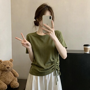 韩版绿色圆领宽松短袖T恤女士夏2026新款大码巨显瘦抽绳褶皱上衣
