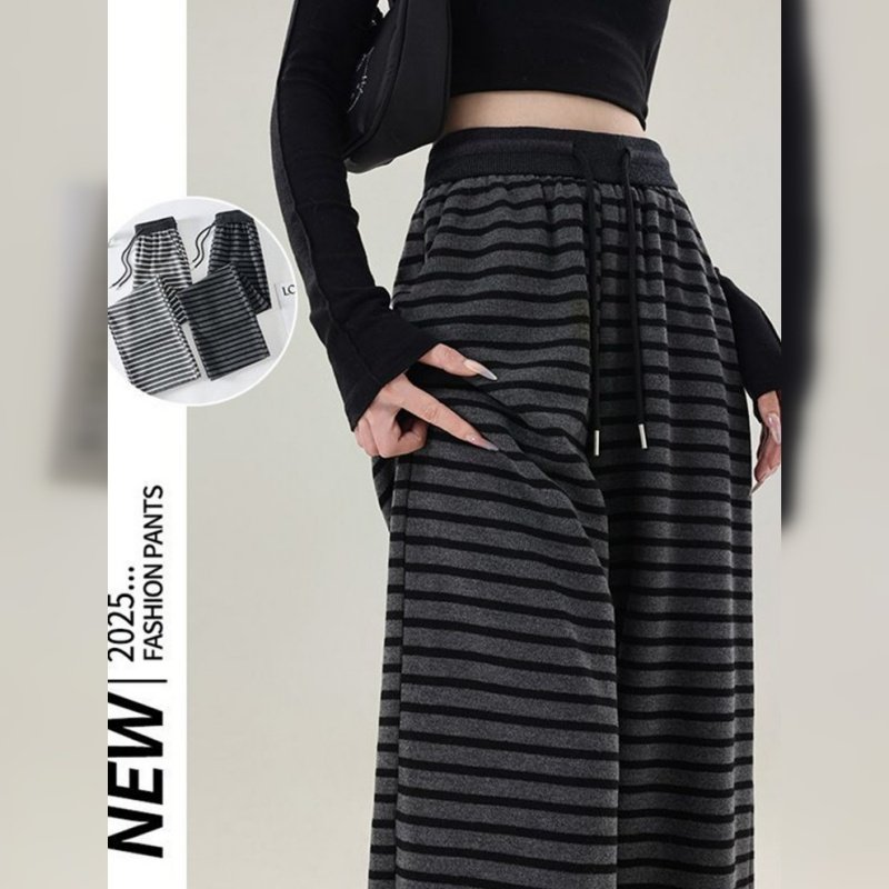 黑灰色条纹宽松阔腿休闲裤女2026年新款秋冬季慵懒风加绒运动裤子