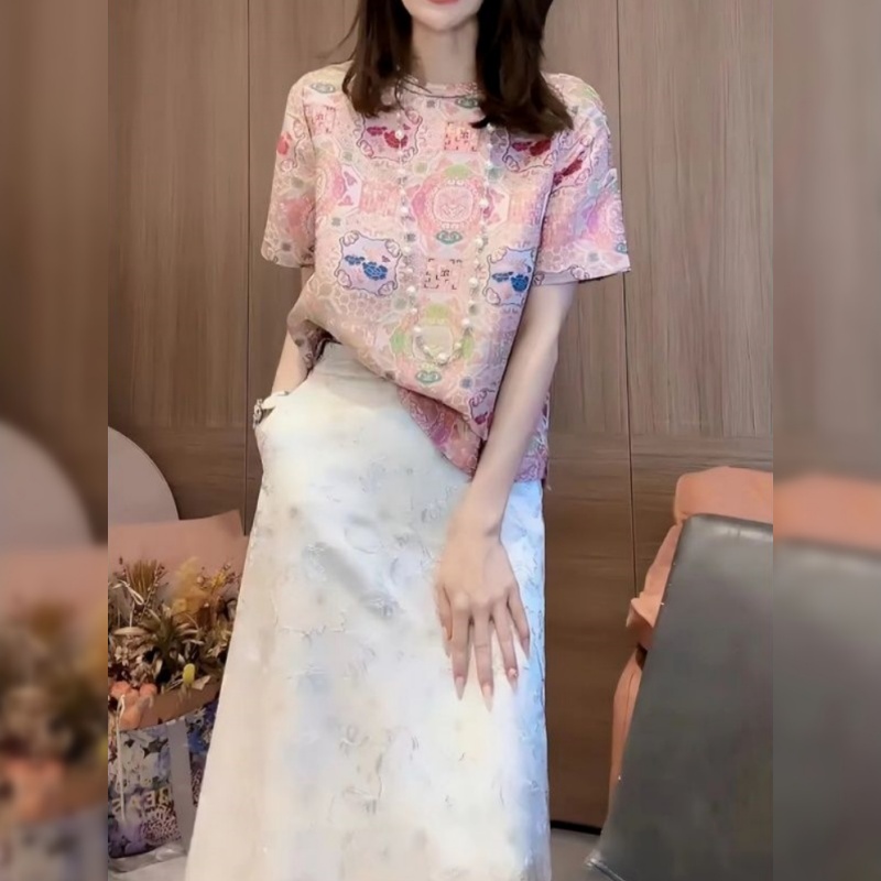 洋气提花圆领百搭上衣+半身裙潮