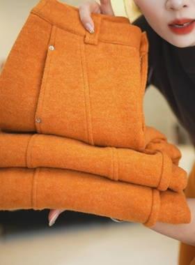 加绒加厚橙色绵羊毛弯刀裤女2025秋冬新款时尚休闲毛呢窄版香蕉裤
